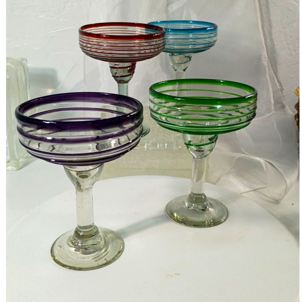 Hand Blown Glass Margarita Glasses Set - Colorful Rimmed Cocktail Goblets